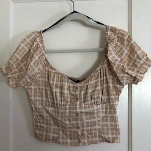 Forever 21 Plaid Puff-Sleeve Top in Tan/Ivory Lg.